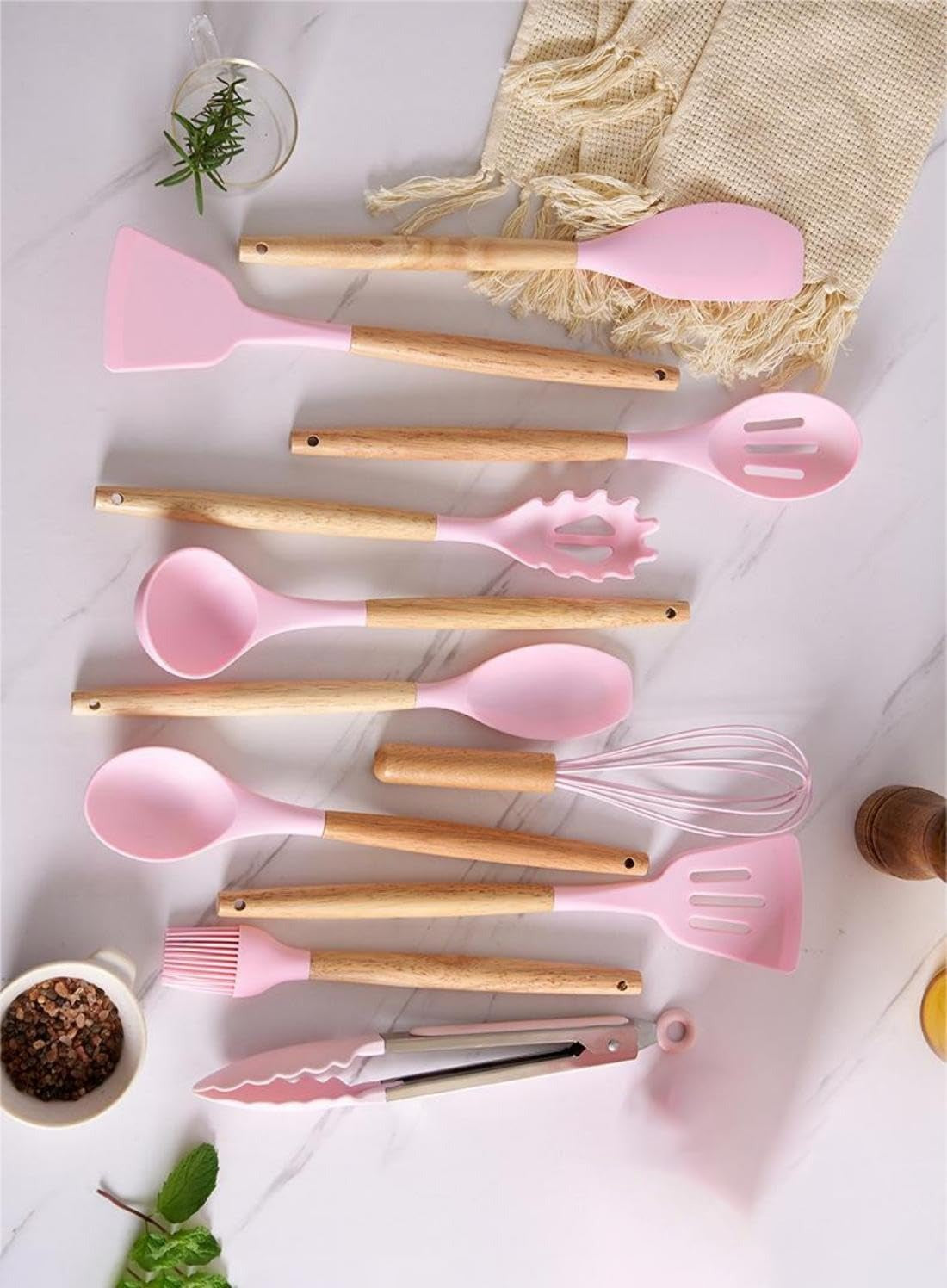 Pink Kitchen Utensil and Knife Set – 21-Piece Non-Stick Silicone Cooking Tools with Holder & Accessories